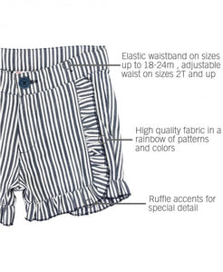 RuffleButts Navy Stripe Ruffle Trim Shorts