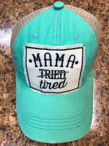 Southern Grace Mama Tired Patch on High Ponytail Turquoise Hat with Beige Mesh