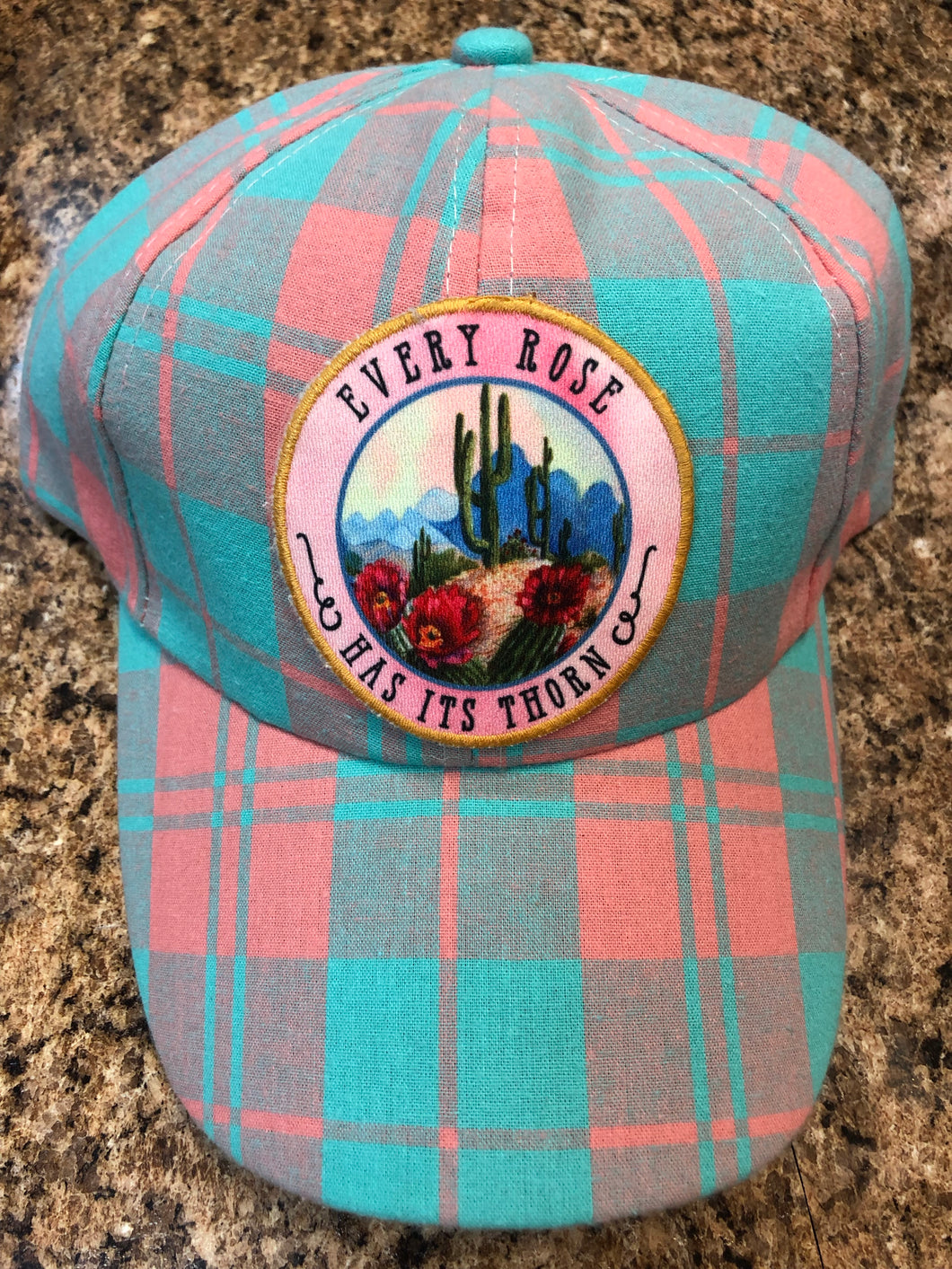 Southern Grace Every Rose Has Its Thorn Teal and Peach Plaid Hat