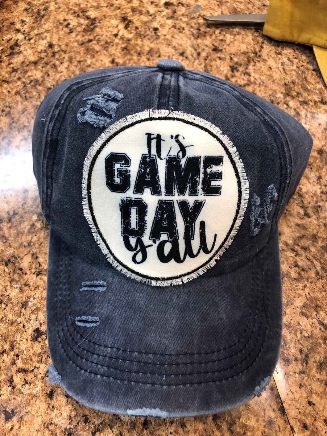 Southern Grace It's Game Day Y'all Patch on Distressed Navy Denim, Leopard Under Bill With High Ponytail Hat