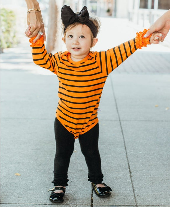 RuffleButts Orange & Black Stripe Ruffled Long Sleeve Layering Bodysuit