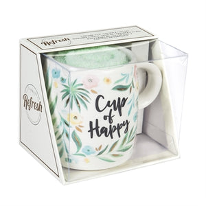 Evergreen Ceramic Cup and Sock Gift set, 12 OZ, Cup of Happy
