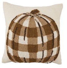 Load image into Gallery viewer, Mud Pie Check Pumpkin Hooked Pillow