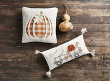 Load image into Gallery viewer, Mud Pie Fall Orange/Cream Plaid Pumpkin Hooked Pillow